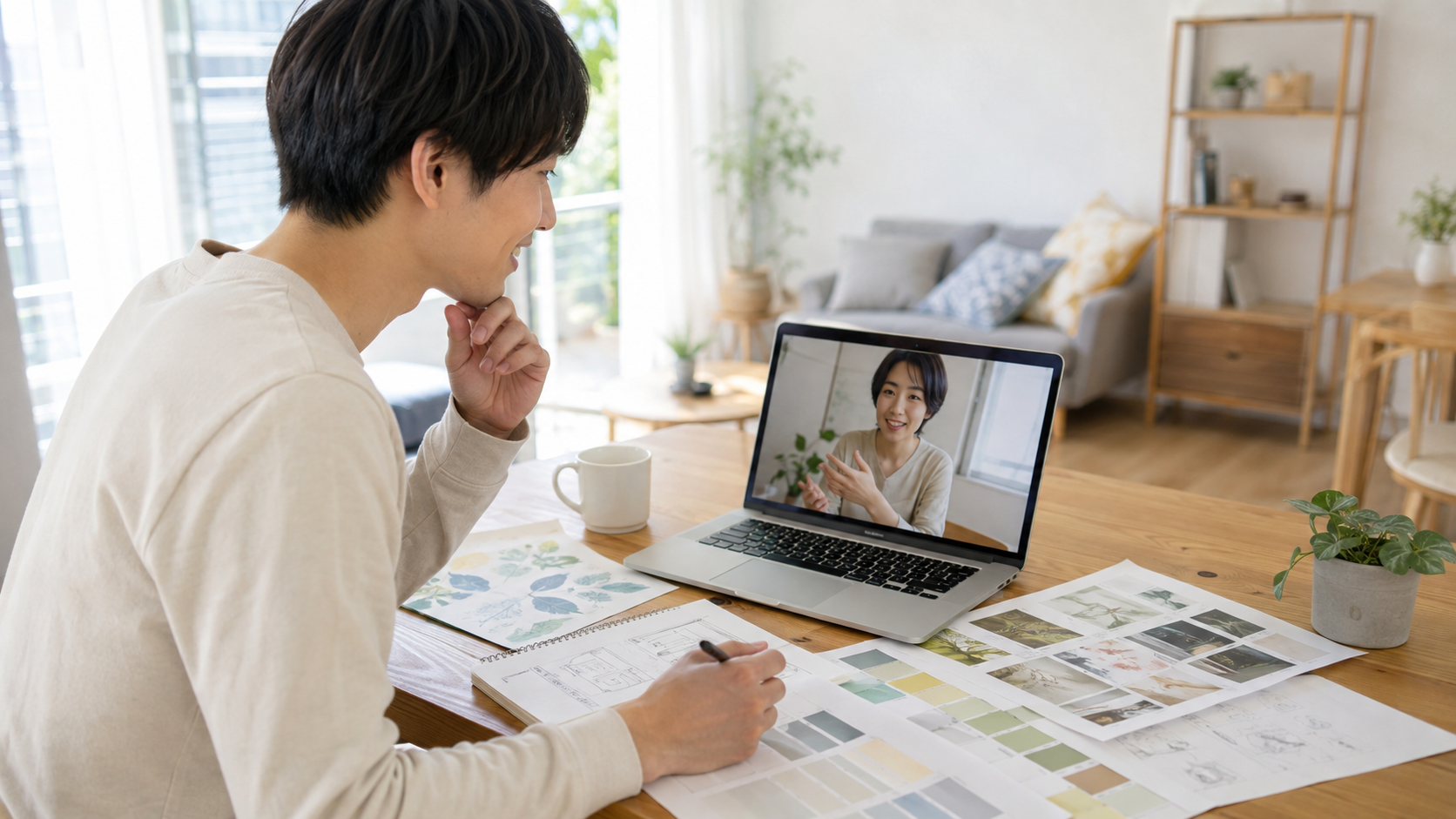 新生活の部屋でオンライン専門家へ相談する様子